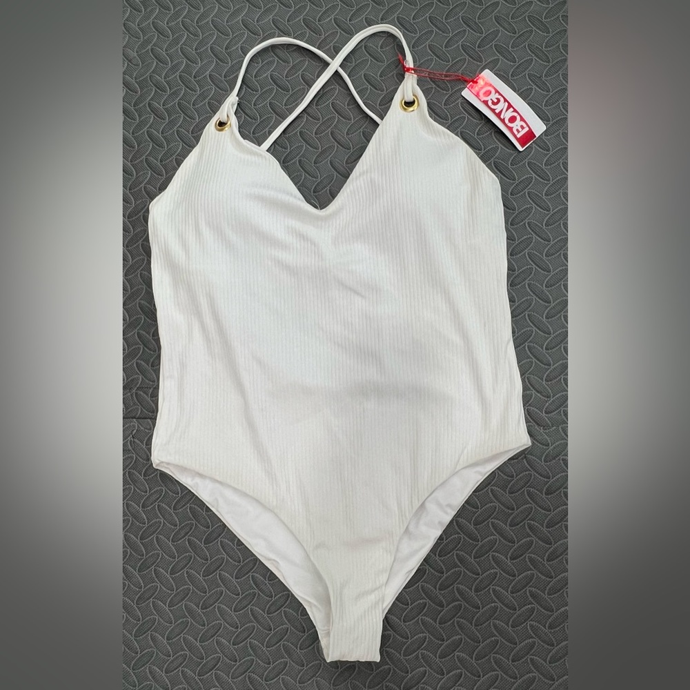 BONGO Juniors SWIMSUIT One Piece White Shiny Gold Metal Accents Size L NWT
